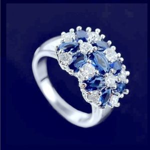 925 Sterling Silver White and Light Blue Sapphire  Gemstone Ring- Flower Design